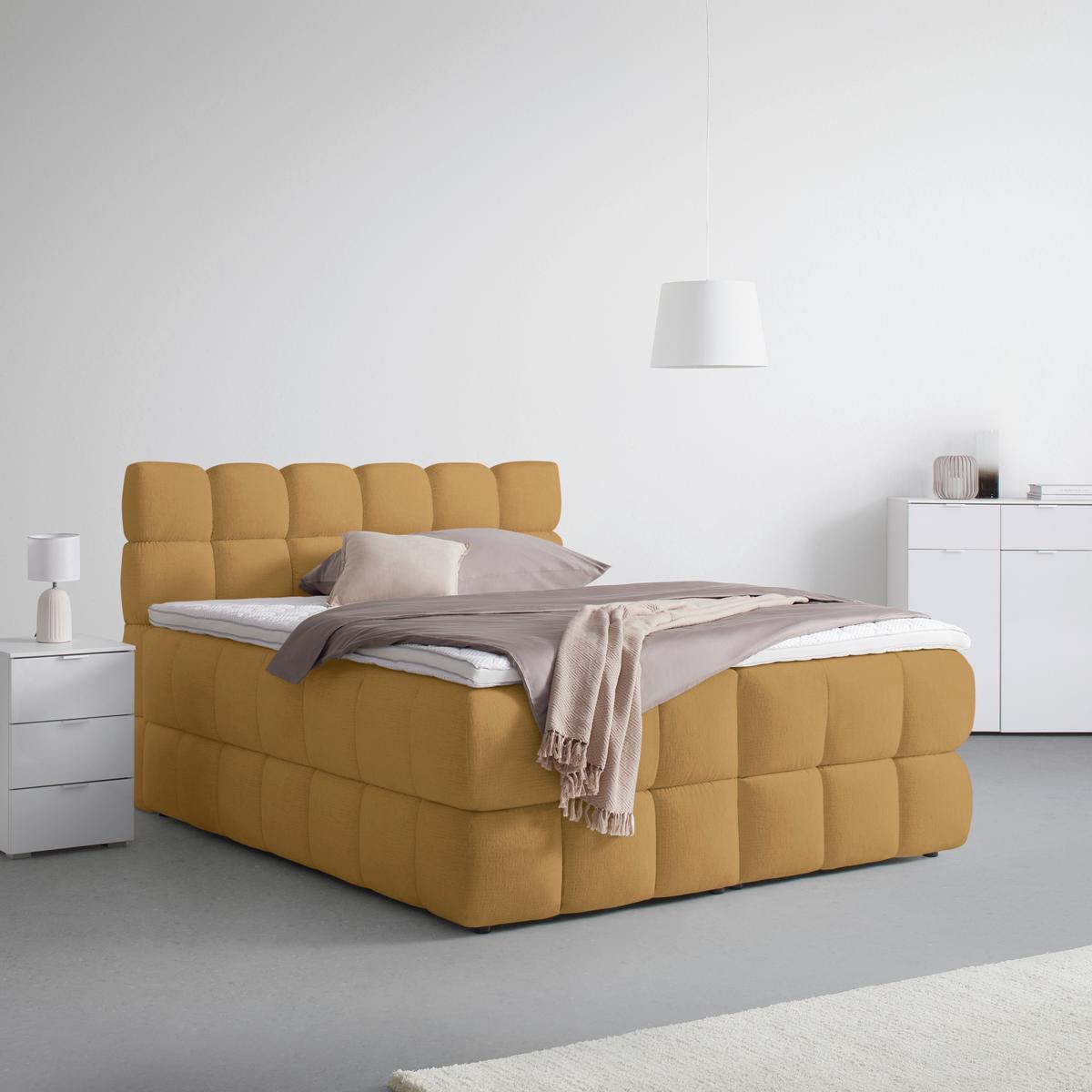 Boxspring postel BUBBLE BOX 180/200 cm, hořcicově žlutá - černá/hořčicově žlutá, Konvenční, kov/dřevo (180/200cm) - Premium Living