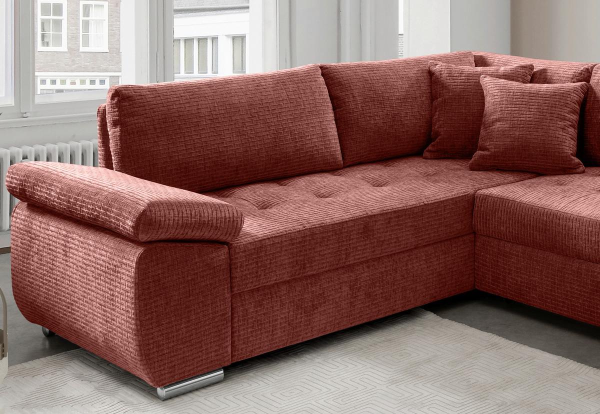 Wohnlandschaft Terana Koralle mit Schlaffunktion, Mikrofaser - Chromfarben/Koralle, KONVENTIONELL, Textil (219/305/157cm) - Livetastic