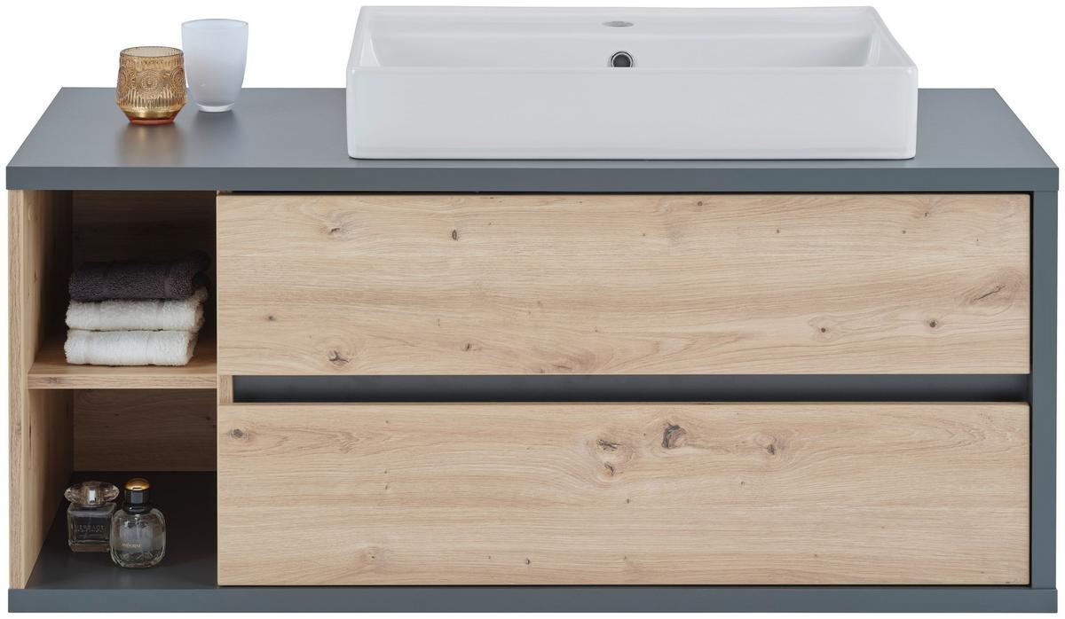 Waschbeckenunterschrank Camillo B: 110 Cm, Eichefarben - Weiß Hochglanz/Anthrazit, MODERN, Keramik/Holzwerkstoff (110/48/46cm)