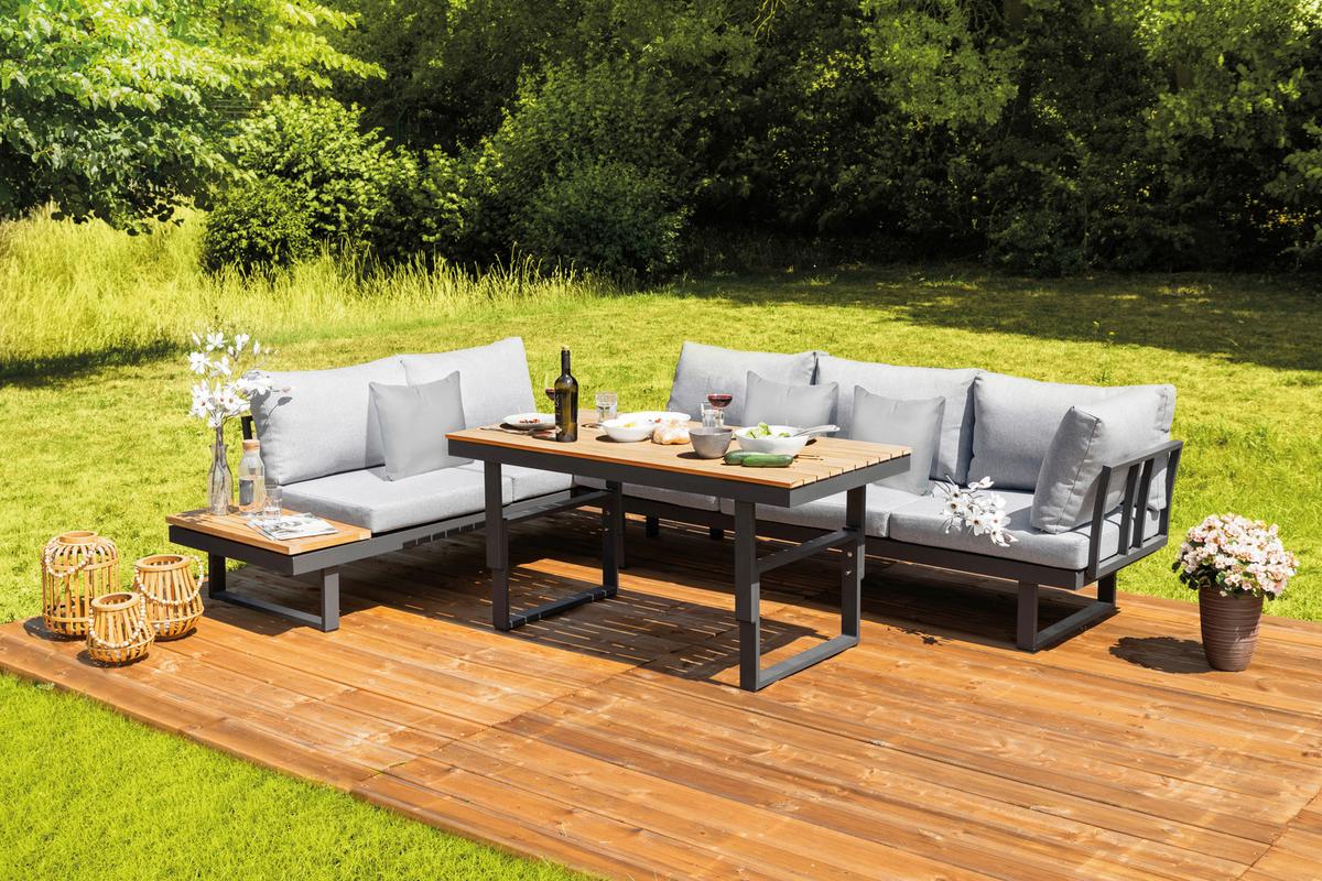 Loungegarnitur 3-Tlg San Jose aus Metall mit Kissen - Anthrazit/Braun, MODERN, Holz/Textil (210/75/210cm) - Gardenson