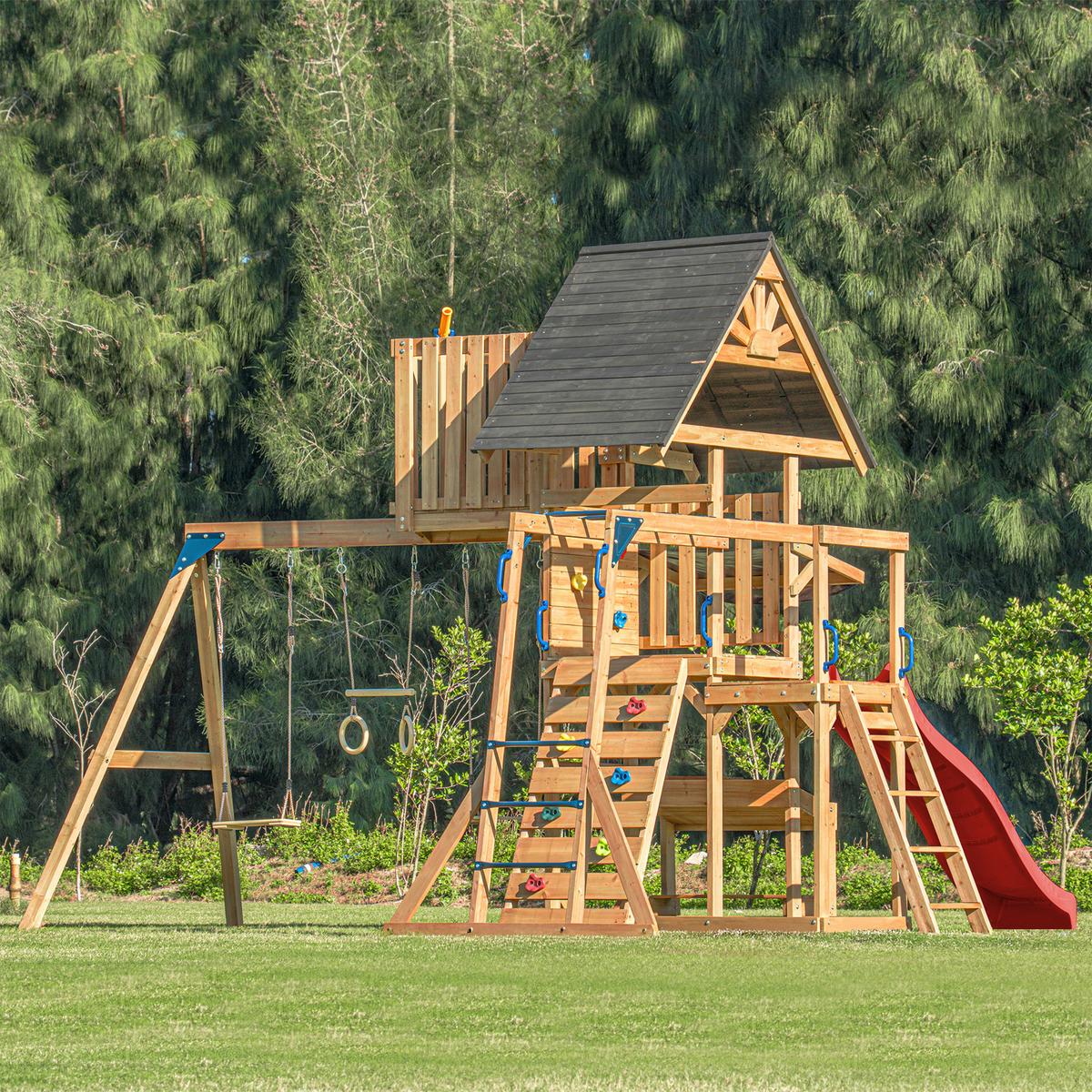 Spielturm mit Rutsche Rot - Anthrazit/Rot, Basics, Holz/Kunststoff (482/500/338cm) - Ambia Garden