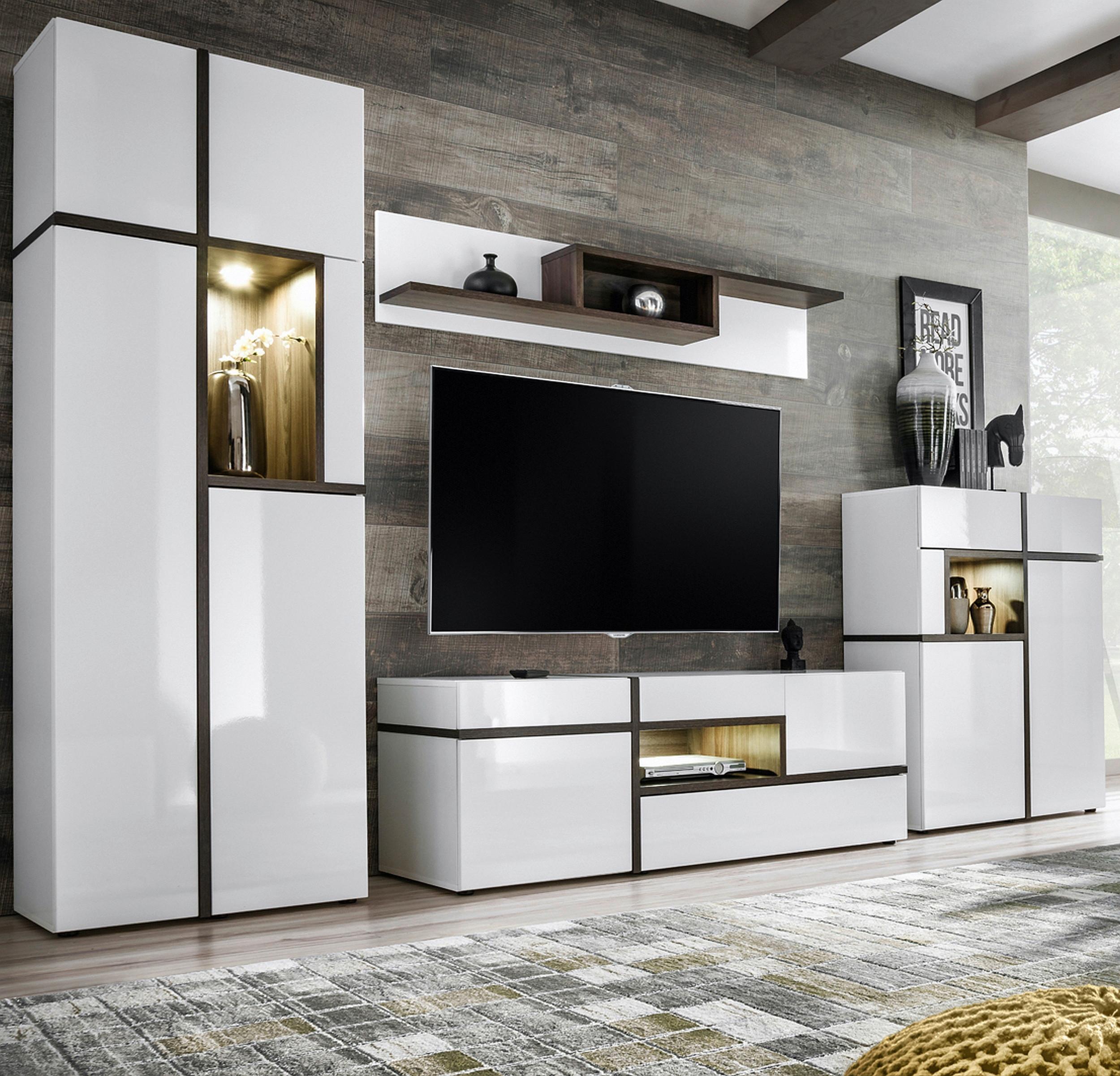 Obývací stěna CROSS, vysoce lesklá bílá - bílá/barvy jilmu, Moderní, kompozitní dřevo/plast (330/195/50cm) - Premium Living