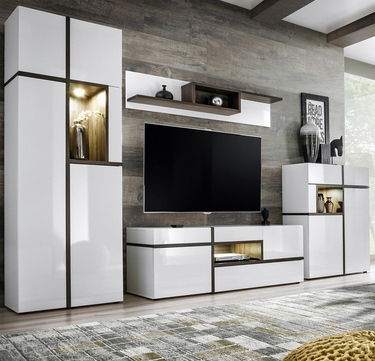 Obývací stěna CROSS, vysoce lesklá bílá - bílá/barvy jilmu, Moderní, kompozitní dřevo/plast (330/195/50cm) - Premium Living