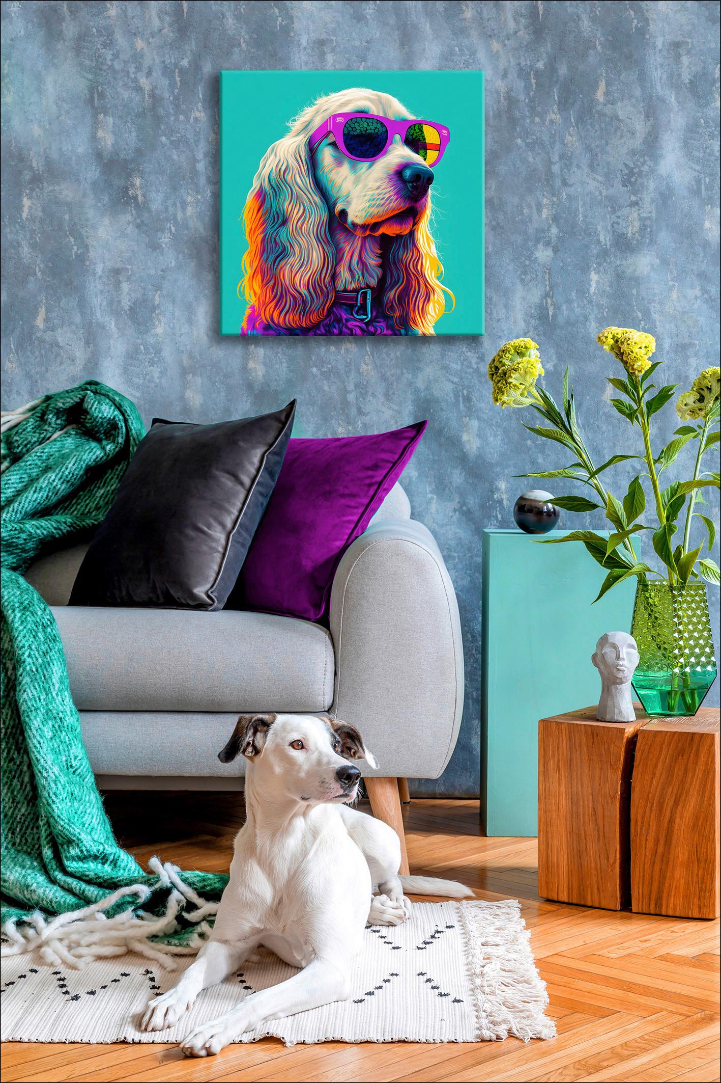 Leinwandbild Dog With Sunglasses II 50x50 cm - Graubraun/Mintgrün, Basics, Papier/Holzwerkstoff (50,00/50,00/2,00cm)