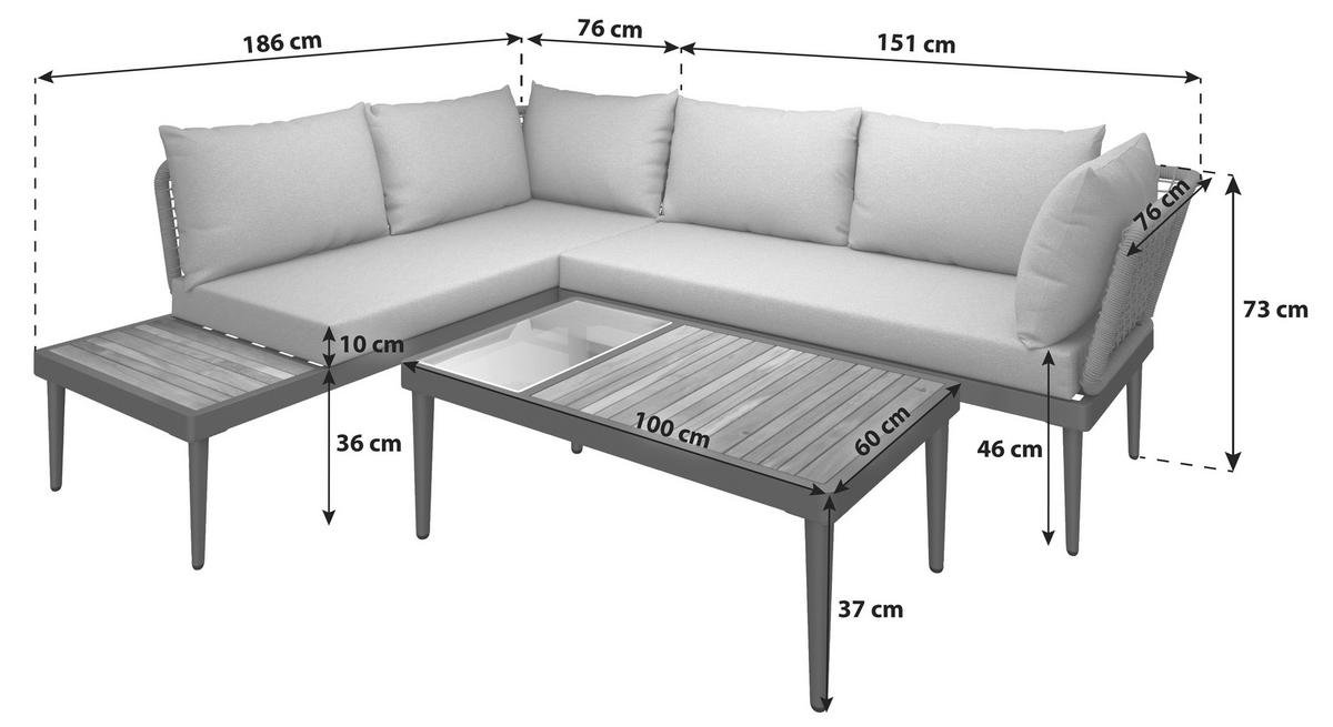 Loungegarnitur 3-Tlg. Basel aus Holz/Metall mit Kissen - Naturfarben/Grau, MODERN, Glas/Holz (186/150cm) - Beldano