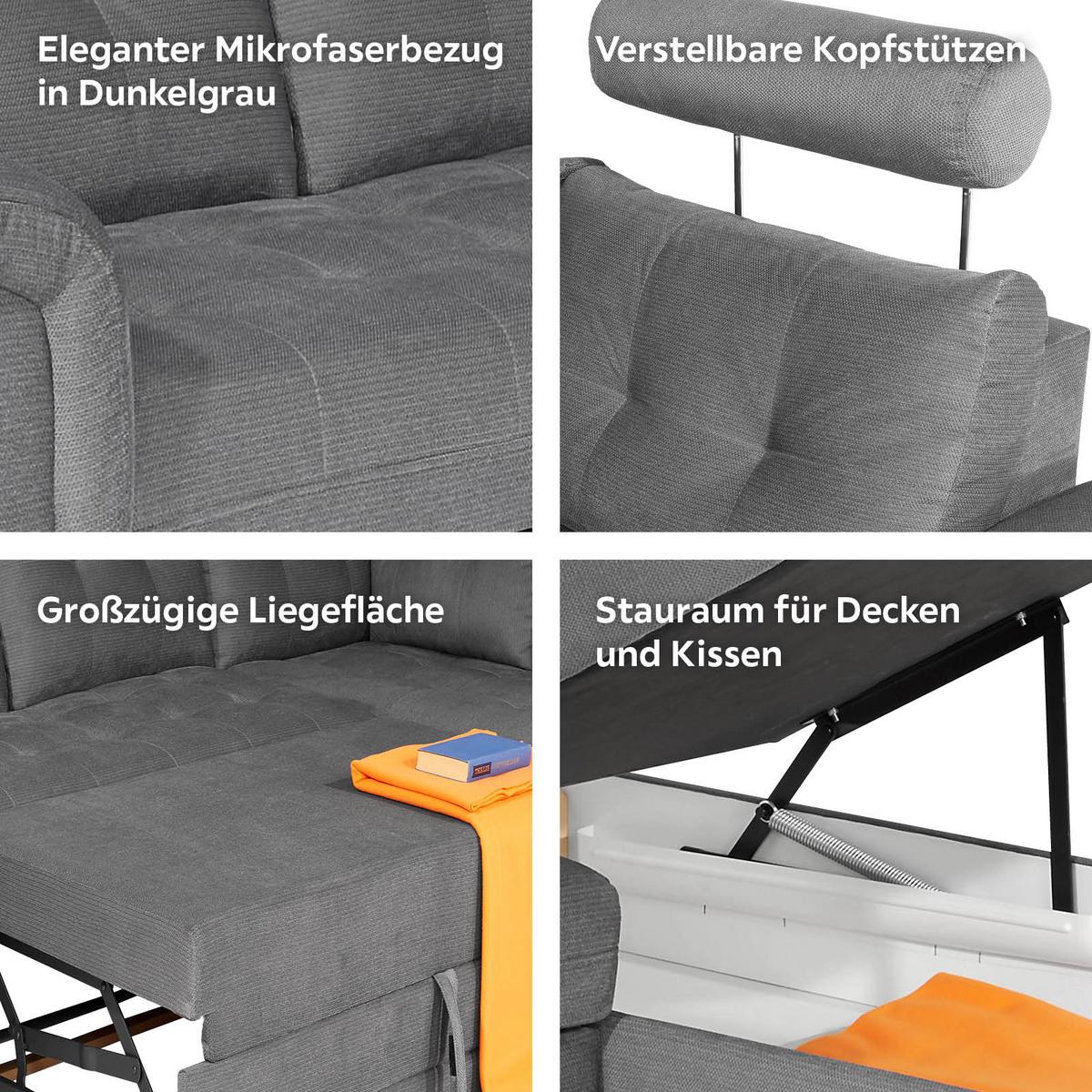 Ecksofa Mit Schlaffunktion + Bettkasten Falco, Webstoff - Dunkelgrau/Dunkelbraun, KONVENTIONELL, Textil (251/183cm) - Ondega