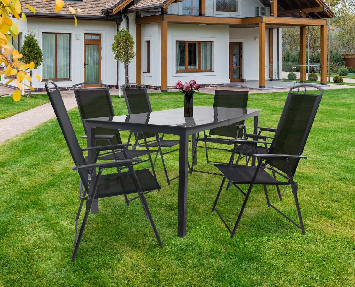 Záhradná stolová súprava čierne sklo - čierna/antracitová, Basics, kov/textil - Gardenson