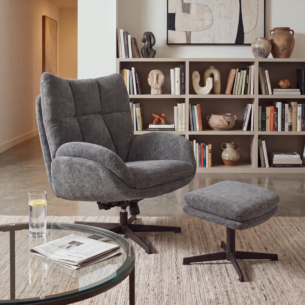 Relaxační křeslo HOUSTON, tm.šedá žinylka, s taburetem - černá/tmavě šedá, Moderní, kov/textil (76/101/87cm)