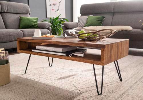 Couchtisch Holz mit Massiver Tischplatte + Ablage, Sheesham - Sheeshamfarben/Schwarz, MODERN, Holz/Metall (100/50/40cm) - MID.YOU