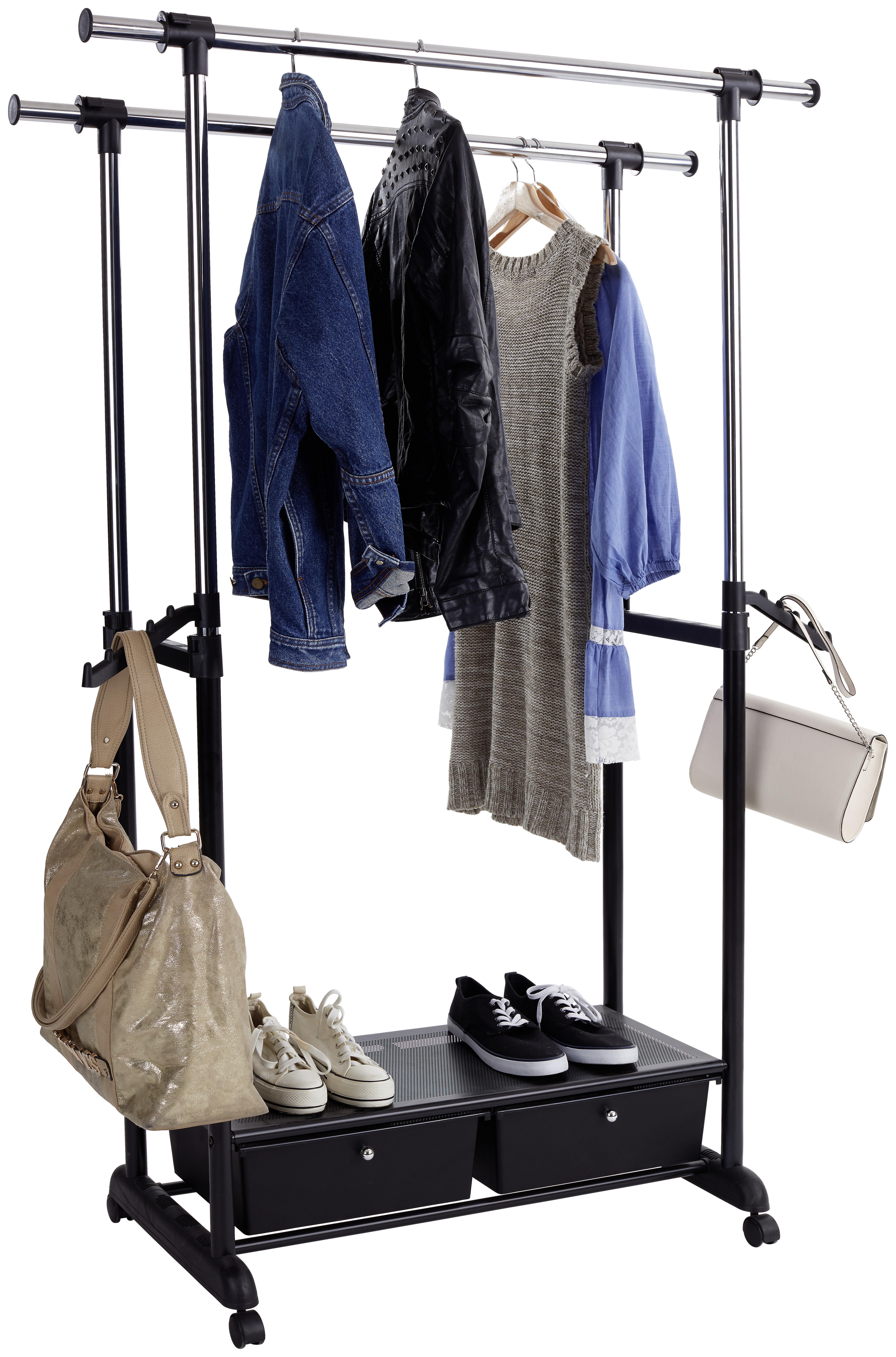 Kleiderwagen CUBA aus Metall/Kunststoff in Schwarz/Chrom mit 2 Kleiderstangen Seite
