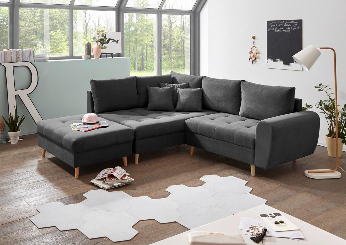 Ecksofa Mit Holzfüßen + Kissen Alice, Webstoff - Anthrazit/Kieferfarben, KONVENTIONELL, Holzwerkstoff/Textil (175/249cm) - MID.YOU