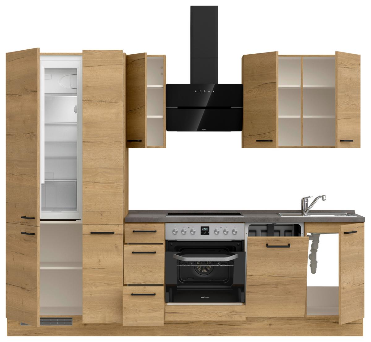 Kuchynská linka 270 cm, dub Sierra - čierna/farba duba, Modern, kov/kompozitné drevo (270cm) - Nobilia