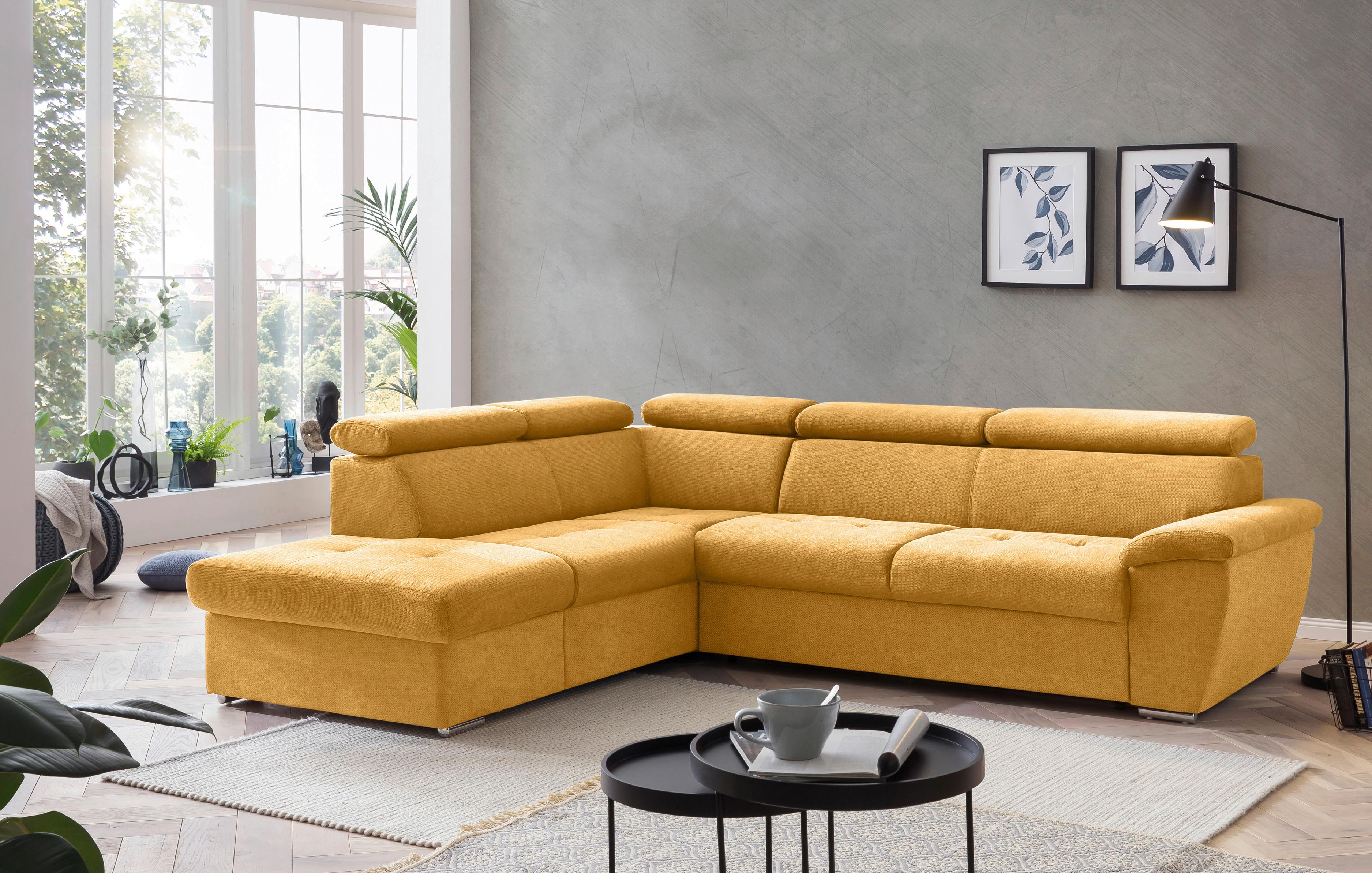 Ecksofa mit Schlaffunktion und Bettkasten Antero Currygelb - Chromfarben/Currygelb, Design, Textil (216/262cm) - Livetastic