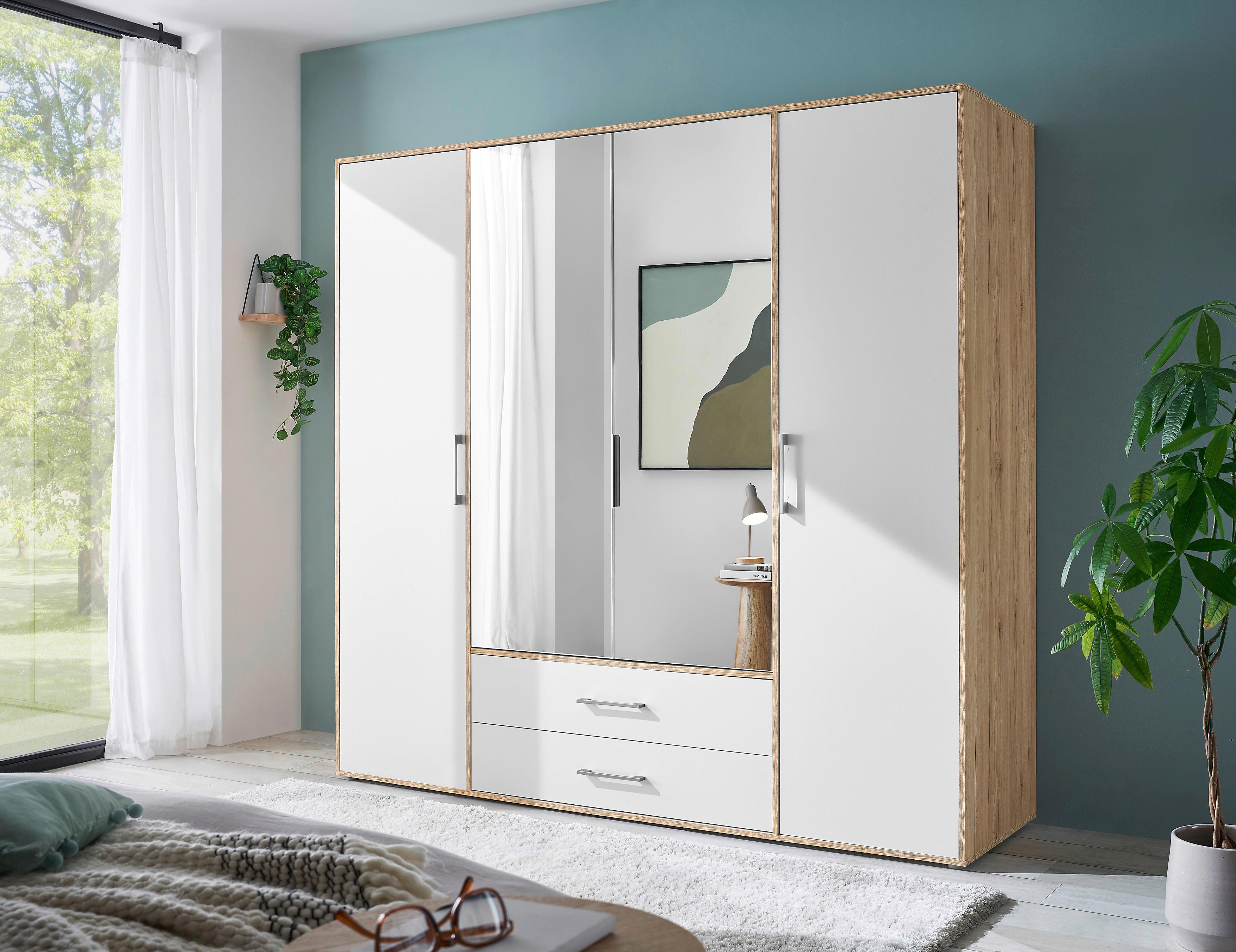 Kleiderschrank Mit Spiegel 4trg Lembo Artisan Eiche/Weiß 206cm - Weiß/Eiche Artisan, Basics, Glas/Holzwerkstoff (206/195/60cm)