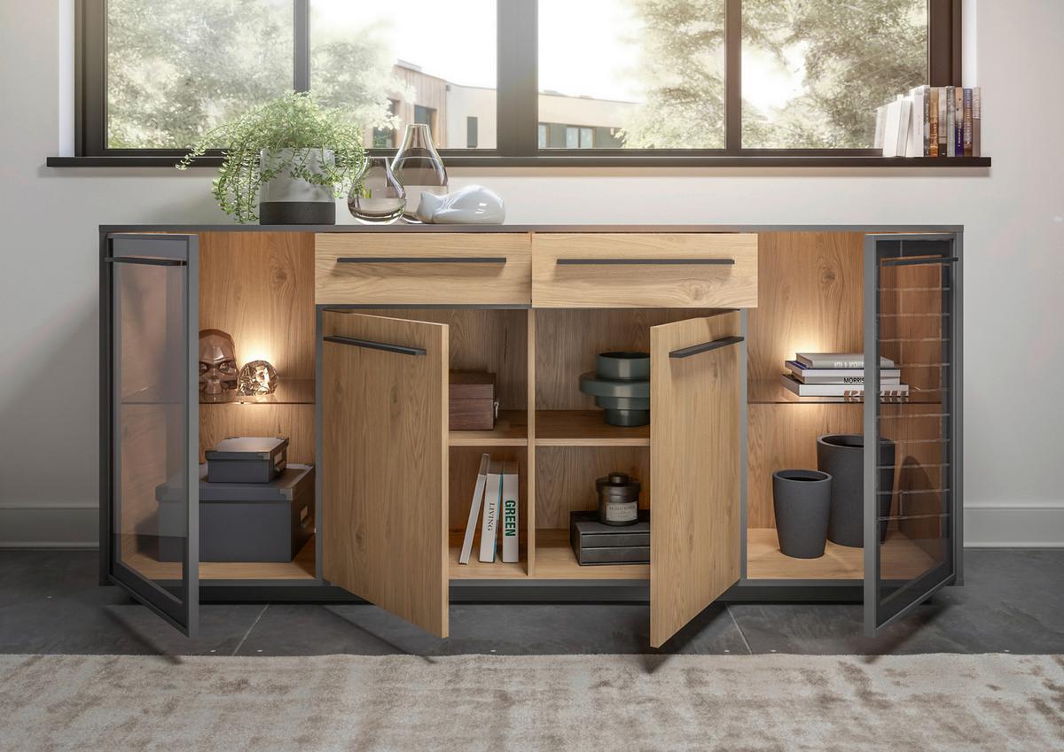Sideboard Nadiro B: 187 cm Wildeiche Dekor/Schwarz Matt - Eichefarben/Schwarz, Trend, Glas/Holzwerkstoff (187/83/40cm) - Livetastic