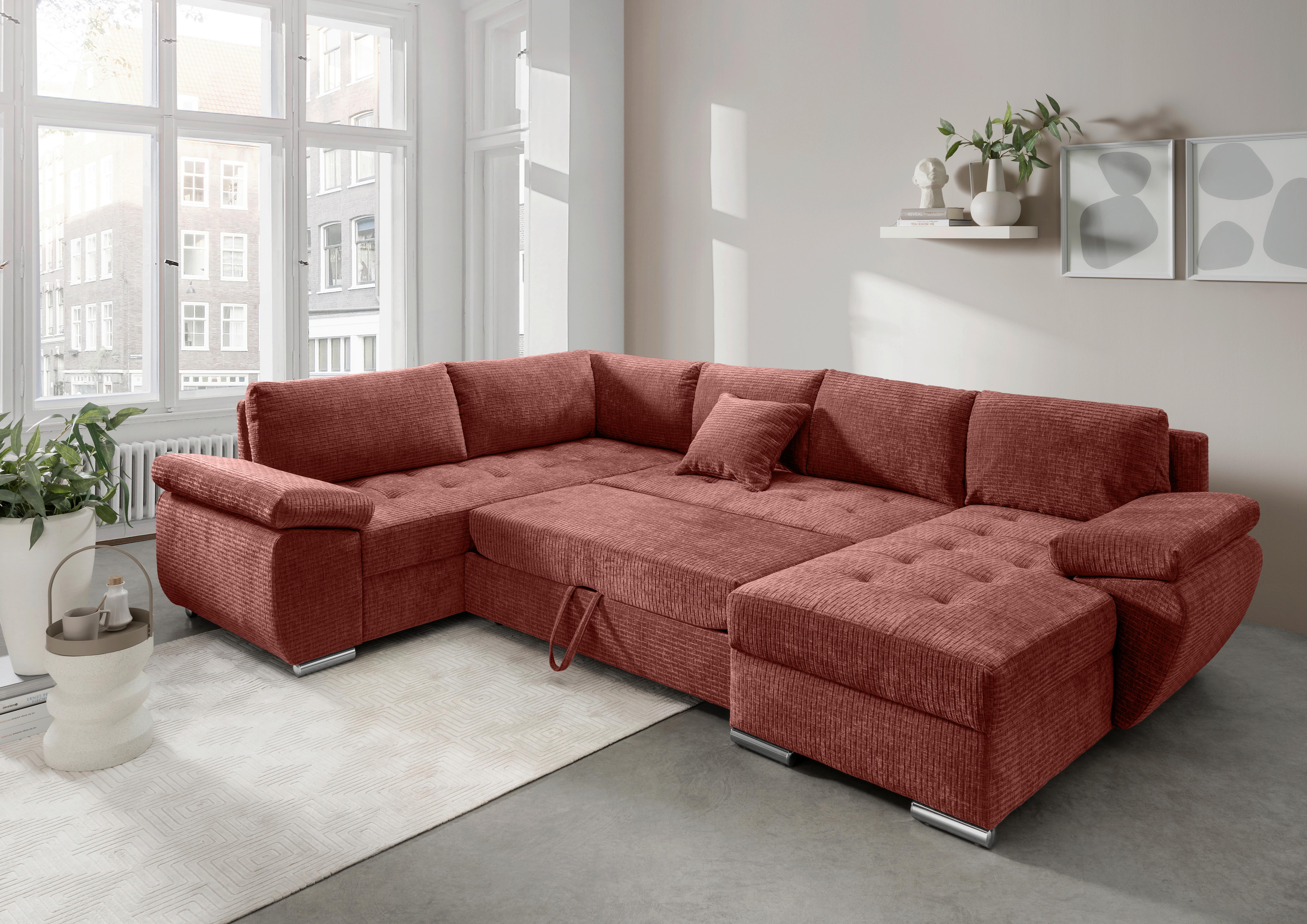 Wohnlandschaft Terana Koralle mit Schlaffunktion, Mikrofaser - Chromfarben/Koralle, KONVENTIONELL, Textil (219/305/157cm) - Livetastic