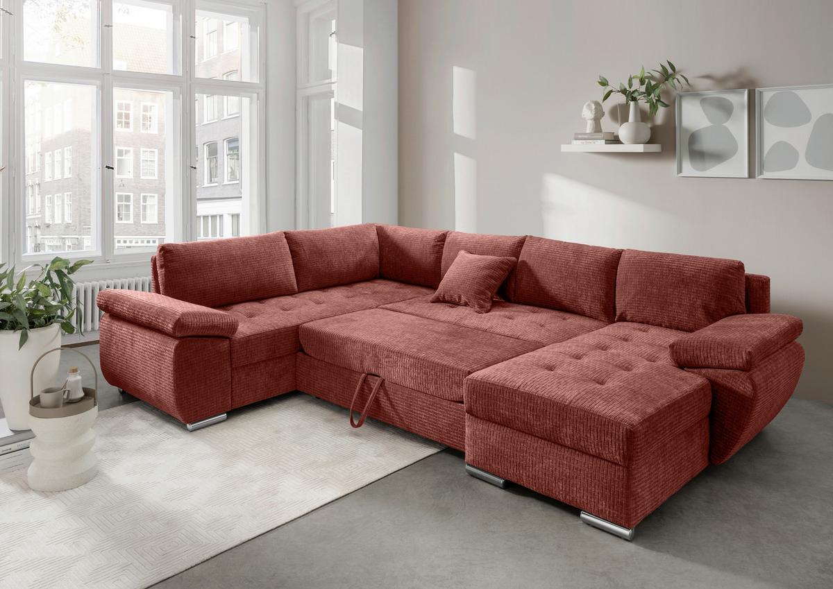 Wohnlandschaft Terana Koralle mit Schlaffunktion, Mikrofaser - Chromfarben/Koralle, KONVENTIONELL, Textil (219/305/157cm) - Livetastic