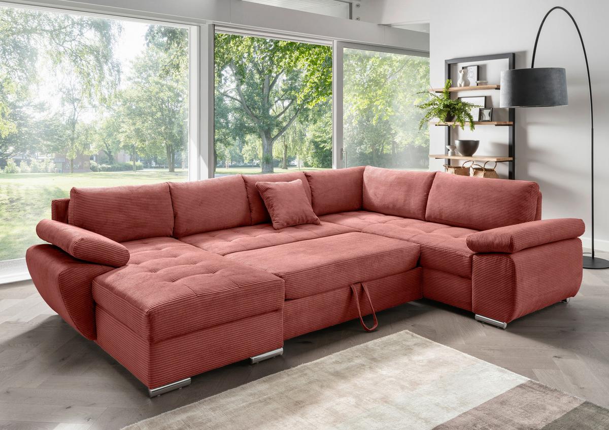 Wohnlandschaft Terana mit Schlaffunktion, Koralle - Chromfarben/Koralle, KONVENTIONELL, Textil (157/305/219cm) - Livetastic