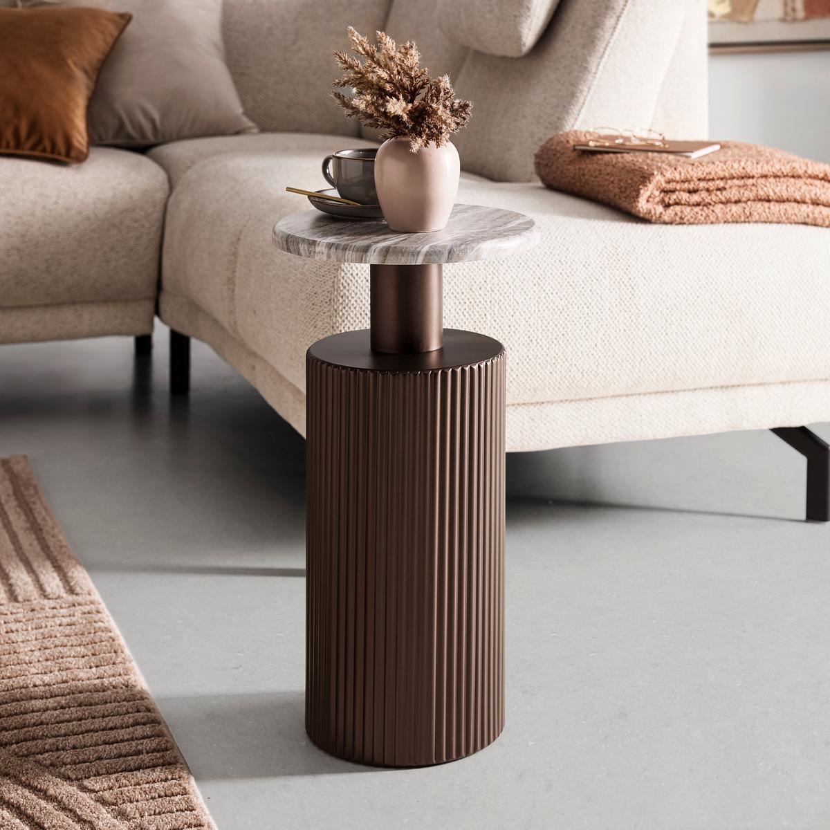 PRÍRUČNÝ STOLÍK SOLCO -TREND- - bronzová/prírodná farba, Lifestyle, kov/kompozitné drevo (30/56cm) - Premium Living