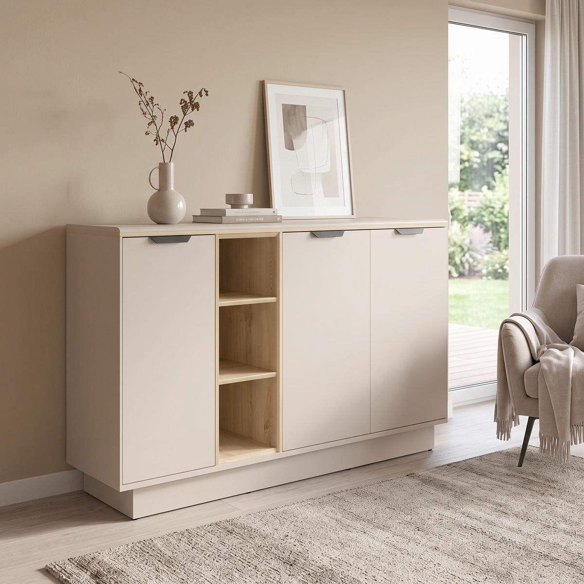 Sideboard Darius Eiche Artisan/Kashmir,B:139cm - Kaschmir/Schwarz, Trend, Holzwerkstoff (138,9/87,4/37cm)