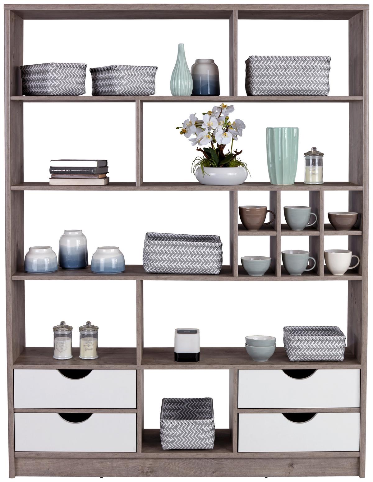 Regal mit Laden Meggy B 140cm, Ribbeck Eiche Dekor - Eiche grau, MODERN, Holz (140/184/32cm)