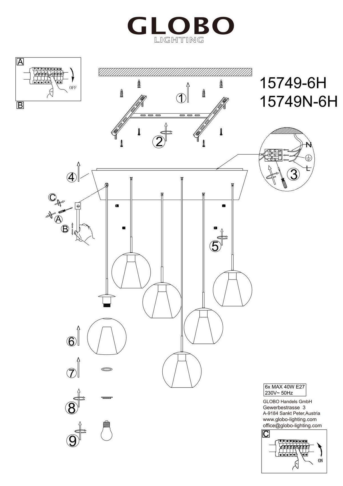 HÄNGELEUCHTE Exkl. 6xE27 40W - Klar/Schwarz, Basics, Glas/Textil (90/38/120cm) - Globo