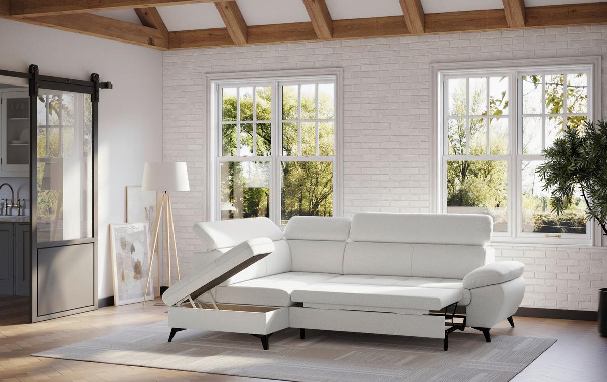 Ecksofa mit Bettfunktion Hudson, Chenille Silberfarben - Silberfarben/Schwarz, KONVENTIONELL, Textil (207/256cm) - Sembella