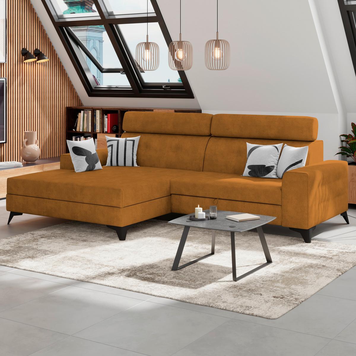 Ecksofa mit Schlaffunktion Florida Senfgelb Samt - Senfgelb, MODERN, Holz/Holzwerkstoff (175/275cm)