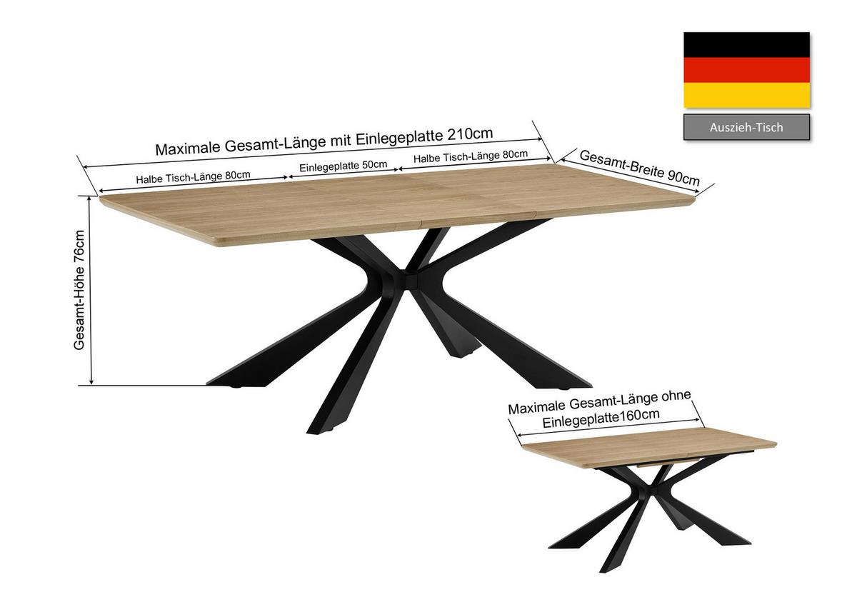 Esstisch Lulea Eichefarben/SchwaezL:160-210cm - Eichefarben/Schwarz, MODERN, Holz/Holzwerkstoff (160/210/90/76cm) - P & B