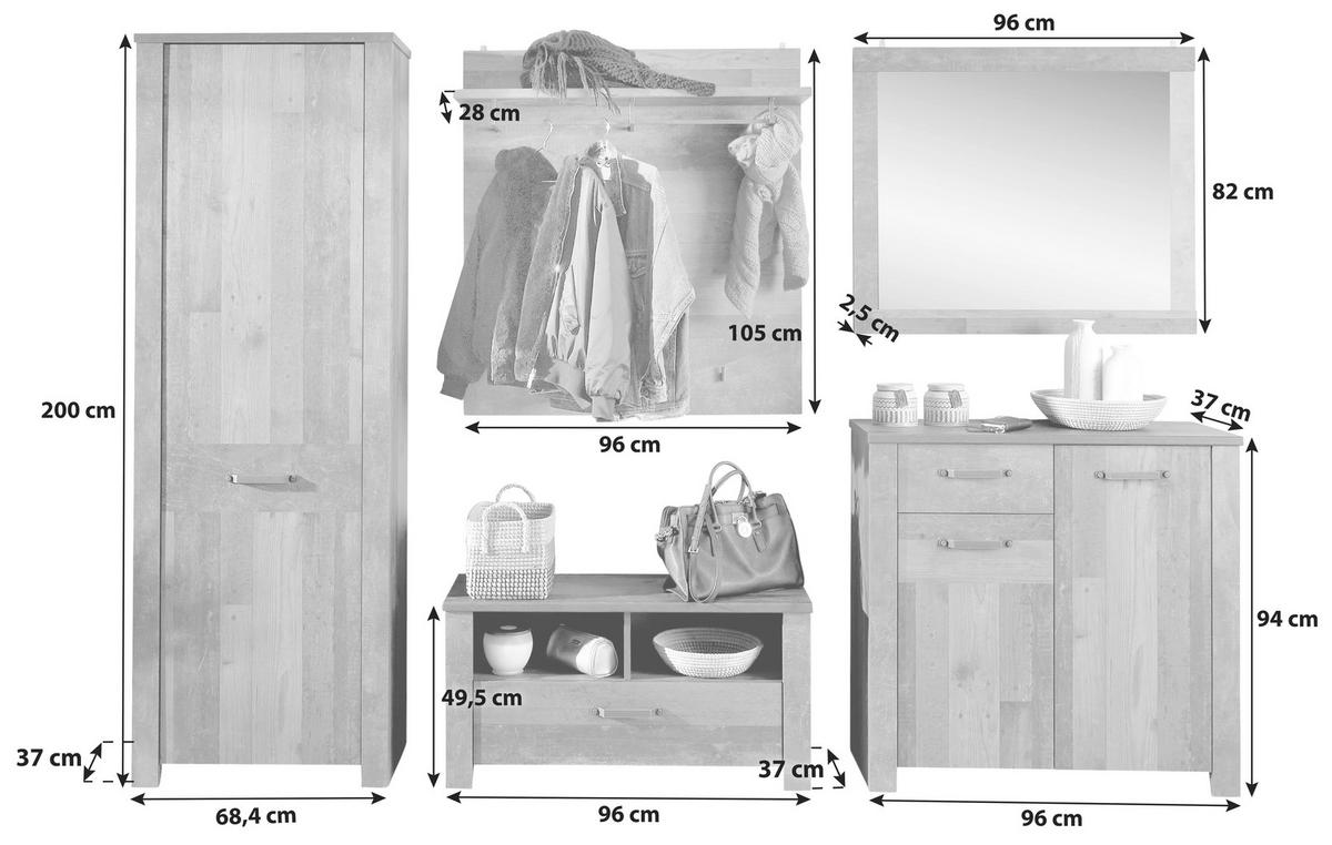 Garderoben-set Ontario Old Style Dekor 3 -Teilig. Mit Spiegel - Eichefarben/Grau, Trend, Holzwerkstoff (224,60/200/37cm) - Ondega