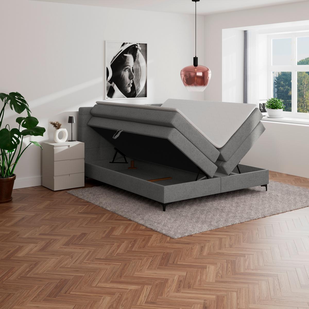 Boxspringbett MITTO Grau 160x200 cm - Schwarz/Grau, KONVENTIONELL, Textil/Metall (160/200cm)