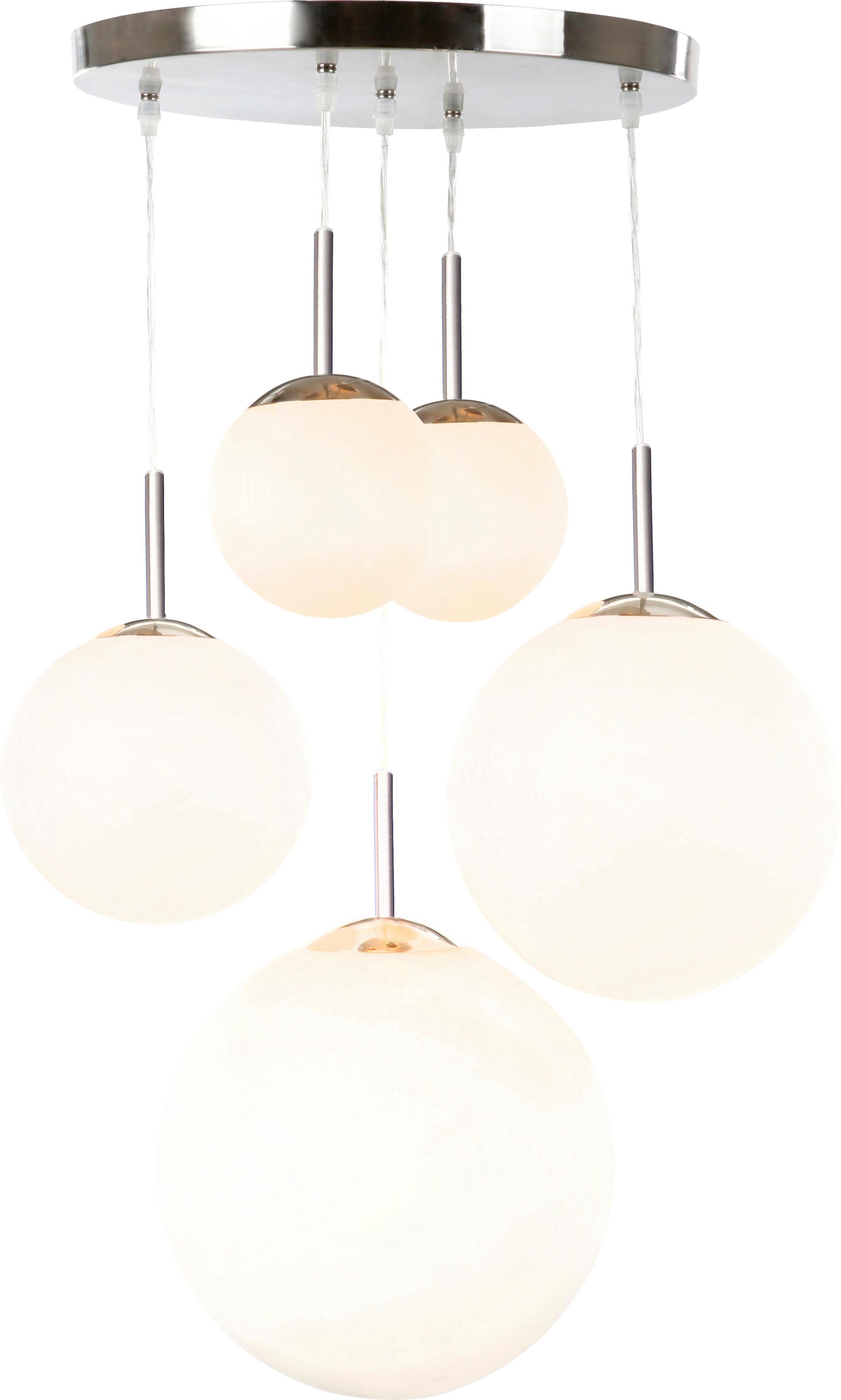 Hängeleuchte Balla H: 90 Cm 5-Flammig, Mit Opalglas-Kugeln - Opal/Nickelfarben, Basics, Glas/Metall (50/90cm) - Globo