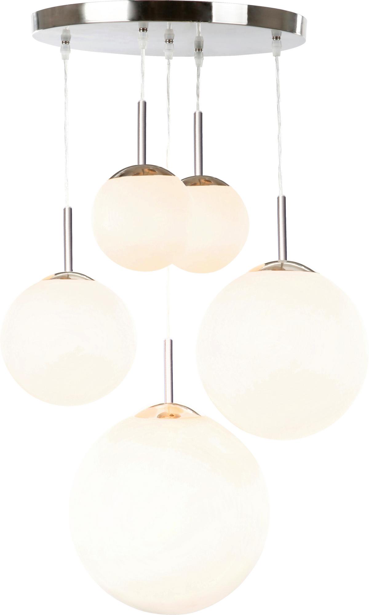 Hängeleuchte Balla H: 90 cm 5-Flammig, mit Opalglas-Kugeln - Opal/Nickelfarben, Basics, Glas/Metall (50/90cm) - Globo