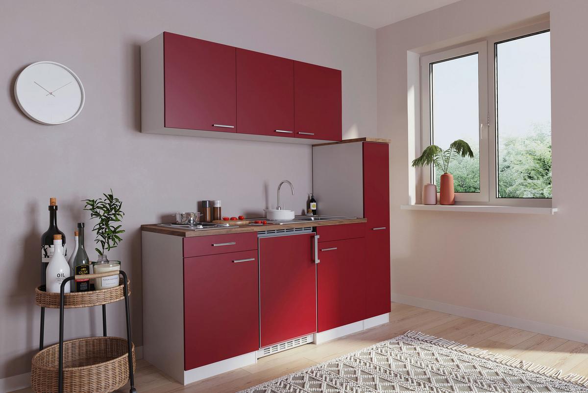 Küchenzeile Economy M. Geräten 180 Cm Rot/nussbaum Dekor - Rot/Nussbaumfarben, Basics, Holzwerkstoff (180cm) - Respekta