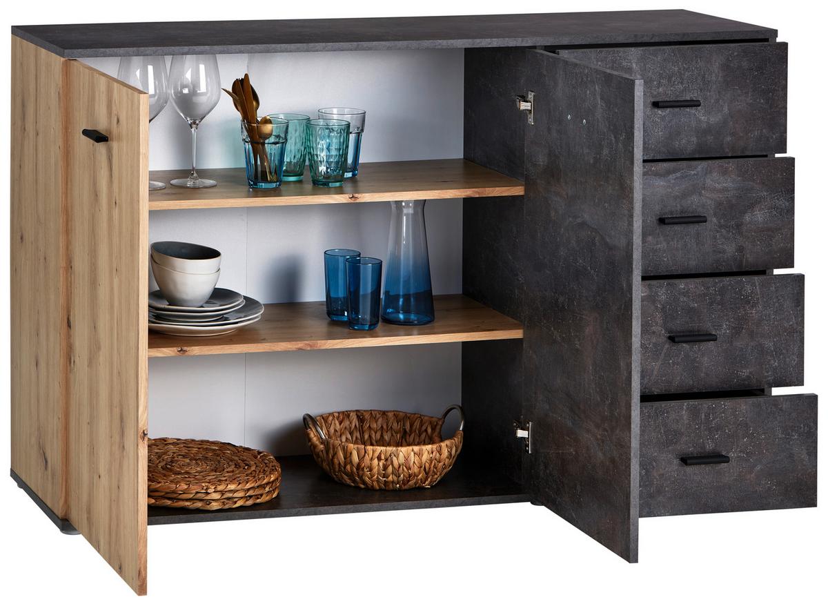 Kommode B: 143 Cm Tim, Betonoptik Dunkel/eiche Dekor - Eichefarben/Alufarben, MODERN, Holzwerkstoff (143/90,2/38cm)