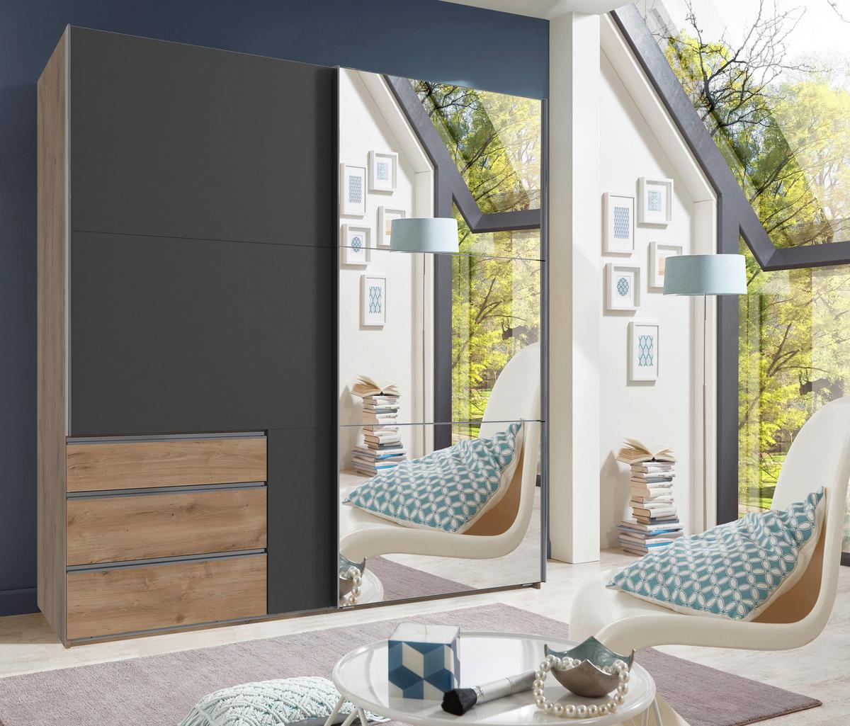 Schwebetürenschrank Level 36 A Graphit/Eiche/Spiegel,b:250cm - Eichefarben/Graphitfarben, MODERN, Glas/Holzwerkstoff (250/216/65cm) - MID.YOU