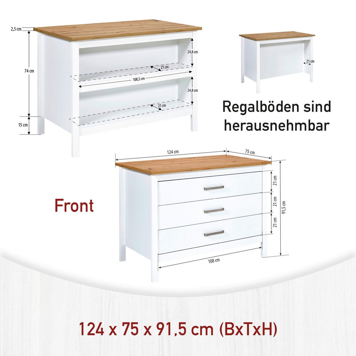 Spodná skrinka so zásuvkami SAN - biela/dub artisan, Romantik / Landhaus, kov/kompozitné drevo (124/91/75cm) - Mömax