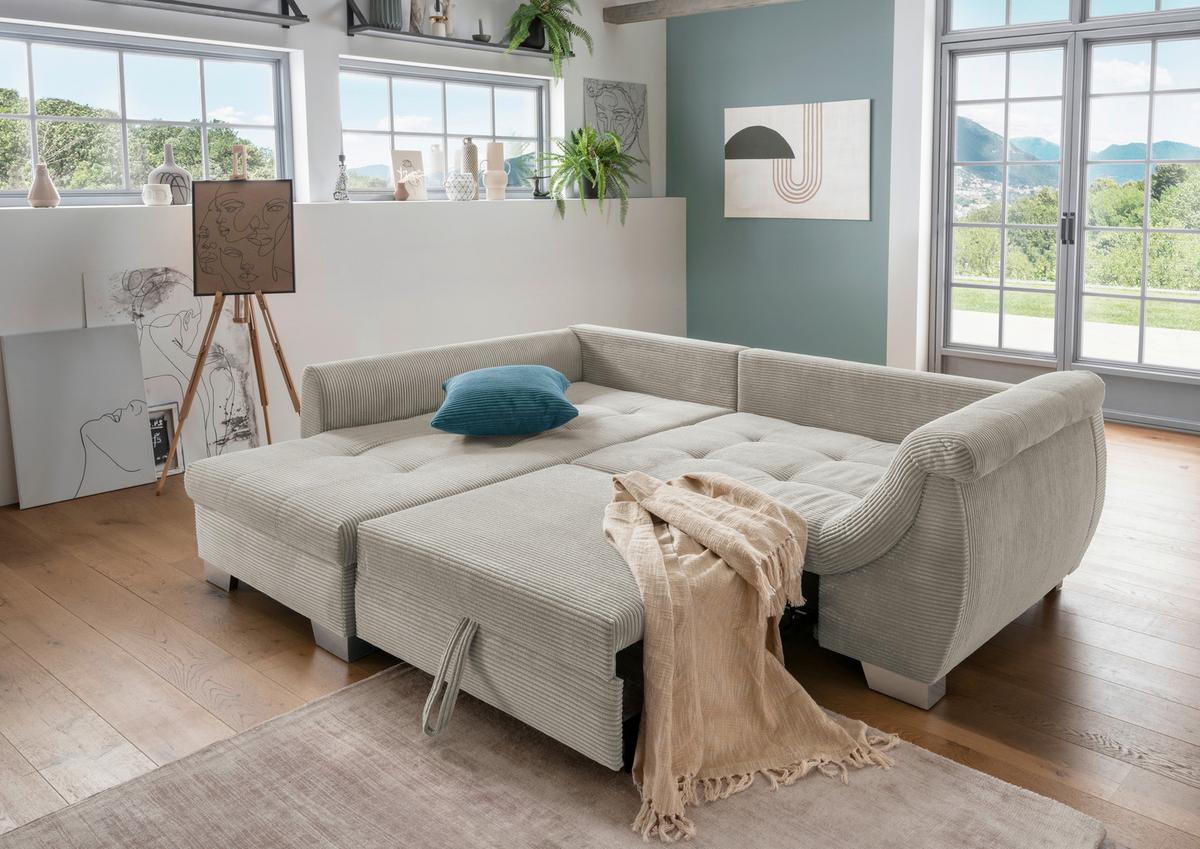 Ecksofa mit Schlaffunktion Flora Silberfarben Cord - Silberfarben/Petrol, Design, Textil (190/250cm) - MID.YOU