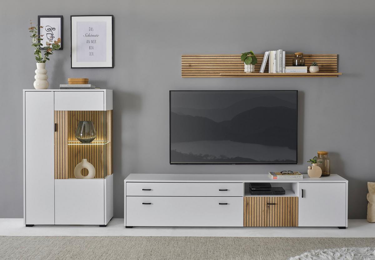 Hudson Wohnwand Weiß/Eichefarben B: 285 cm - Eichefarben/Schwarz, Design, Glas/Holzwerkstoff (285/170/42cm) - MID.YOU