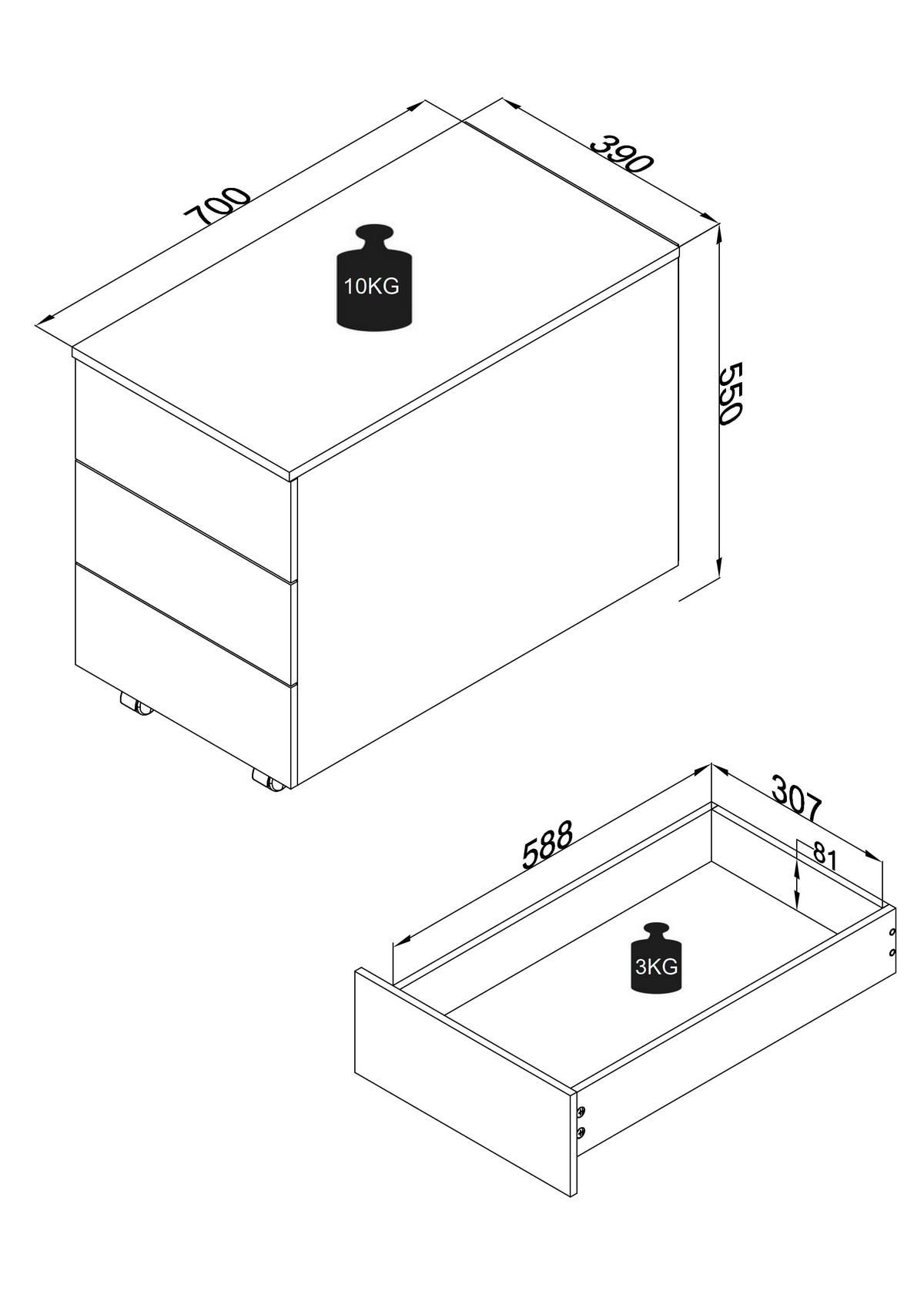 Rollcontainer Dalosa Grau B: 39 cm - Schwarz/Grau, Design, Holzwerkstoff/Kunststoff (39/55/70cm) - MID.YOU
