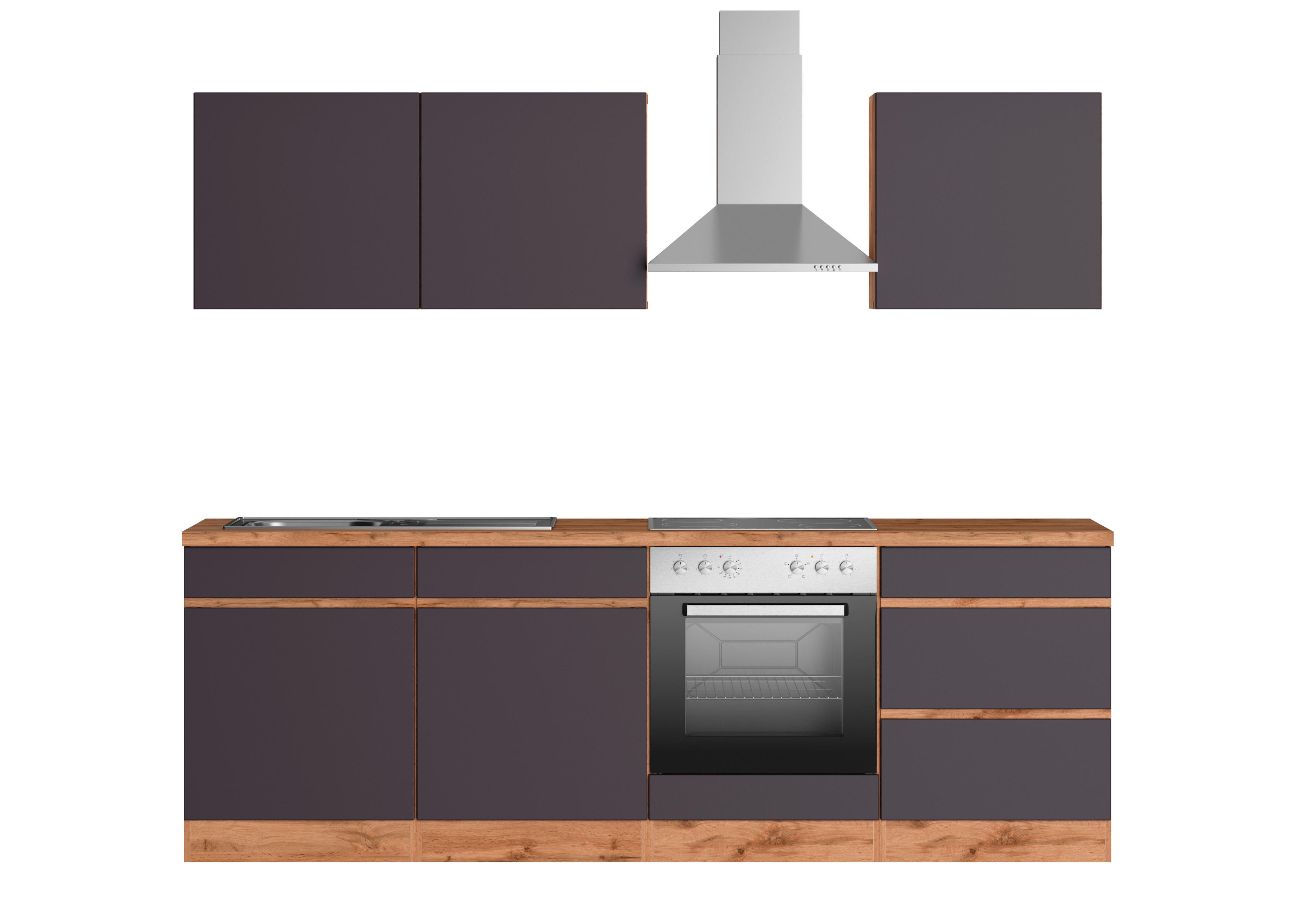 Küchenzeile Turin mit Geräten 240 cm Grau/Eichefarben - Eiche Wotan/Grau, Design, Holzwerkstoff (240cm) - Held
