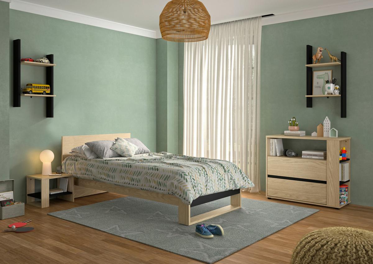 Bett NAEL 90x200 cm - Eichefarben/Schwarz, Basics, Holzwerkstoff (90/200cm)