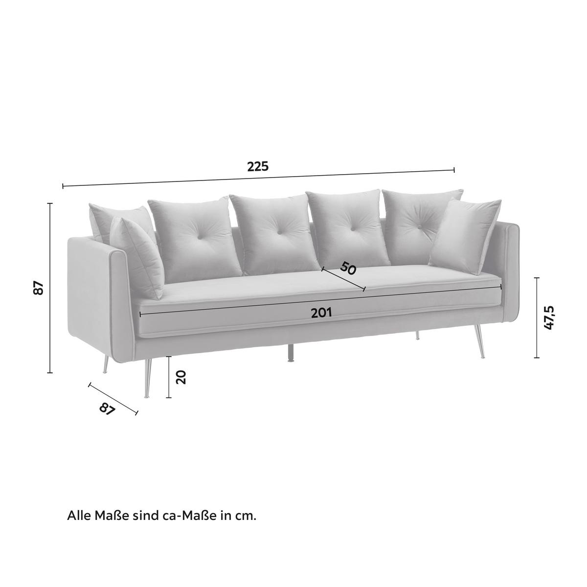 Veľká pohovka LUIS, sivý zamat - sivá/ružové zlato, Modern, kov/drevo (225/87/87cm) - Bessagi Home
