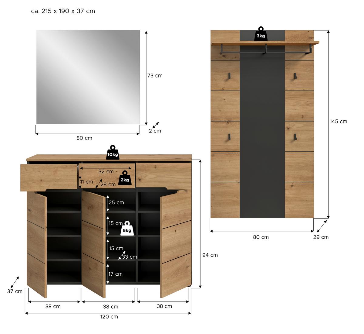 Garderobe Canu 3-teilig Eiche Artisan/grau B: 215 Cm - Eiche Artisan, Design, Holzwerkstoff (215/190/37cm) - Livetastic