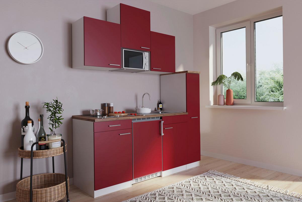 Küchenzeile Economy M. Geräten 180 Cm Rot/nussbaum Dekor - Rot/Nussbaumfarben, Basics, Holzwerkstoff (180/200/60cm) - Respekta