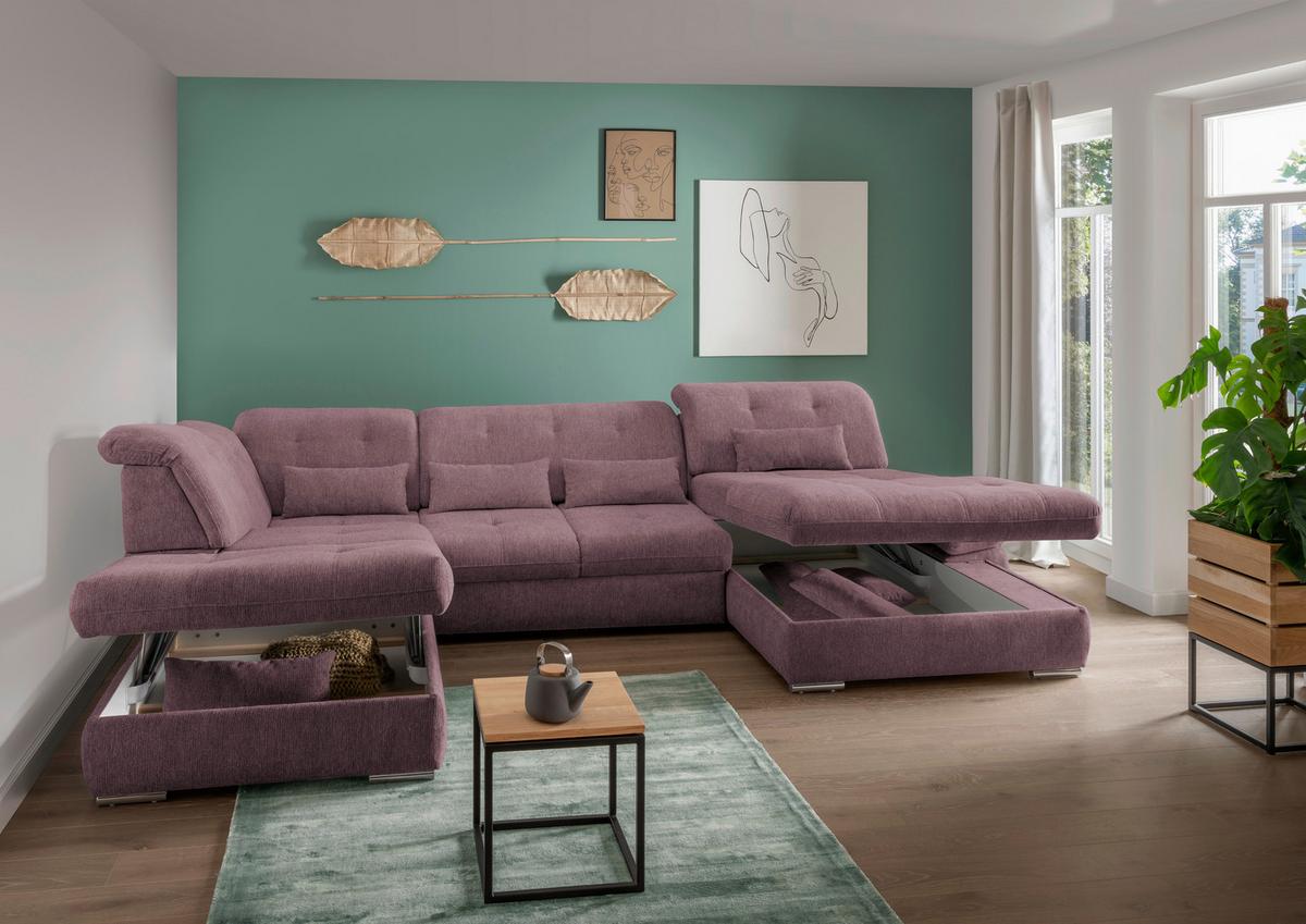 Wohnlandschaft Dalida Mit Schlaffunktion Brombeere - Chromfarben/Brombeere, Design, Textil (254/376/195cm) - Livetastic