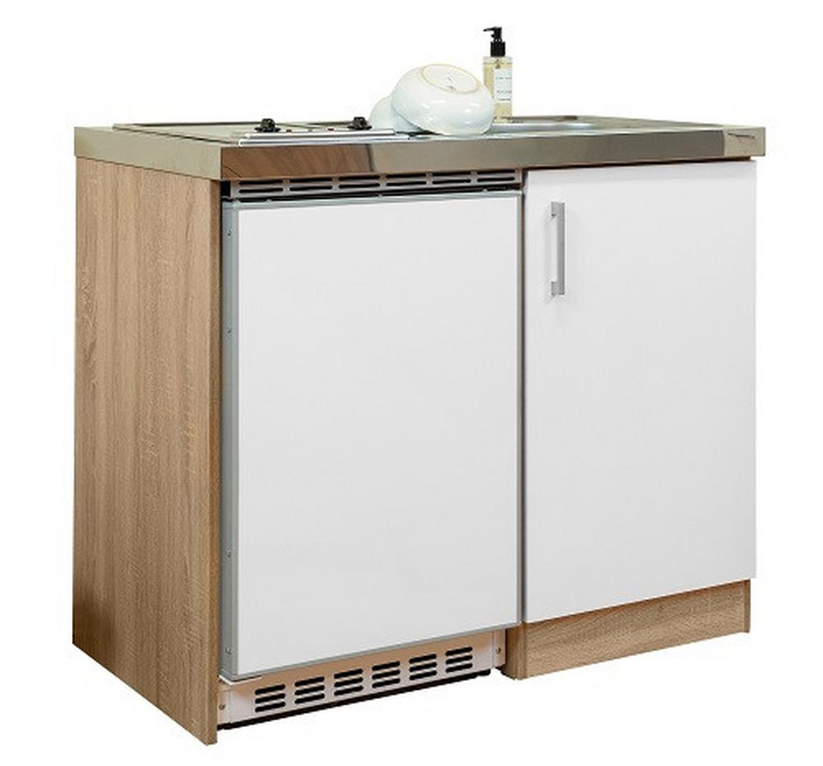 Miniküche Mit Kühlschrank + Kochfeld 100 Cm Weiß/eiche - Edelstahlfarben/Eichefarben, MODERN, Holzwerkstoff/Metall (100cm) - Respekta