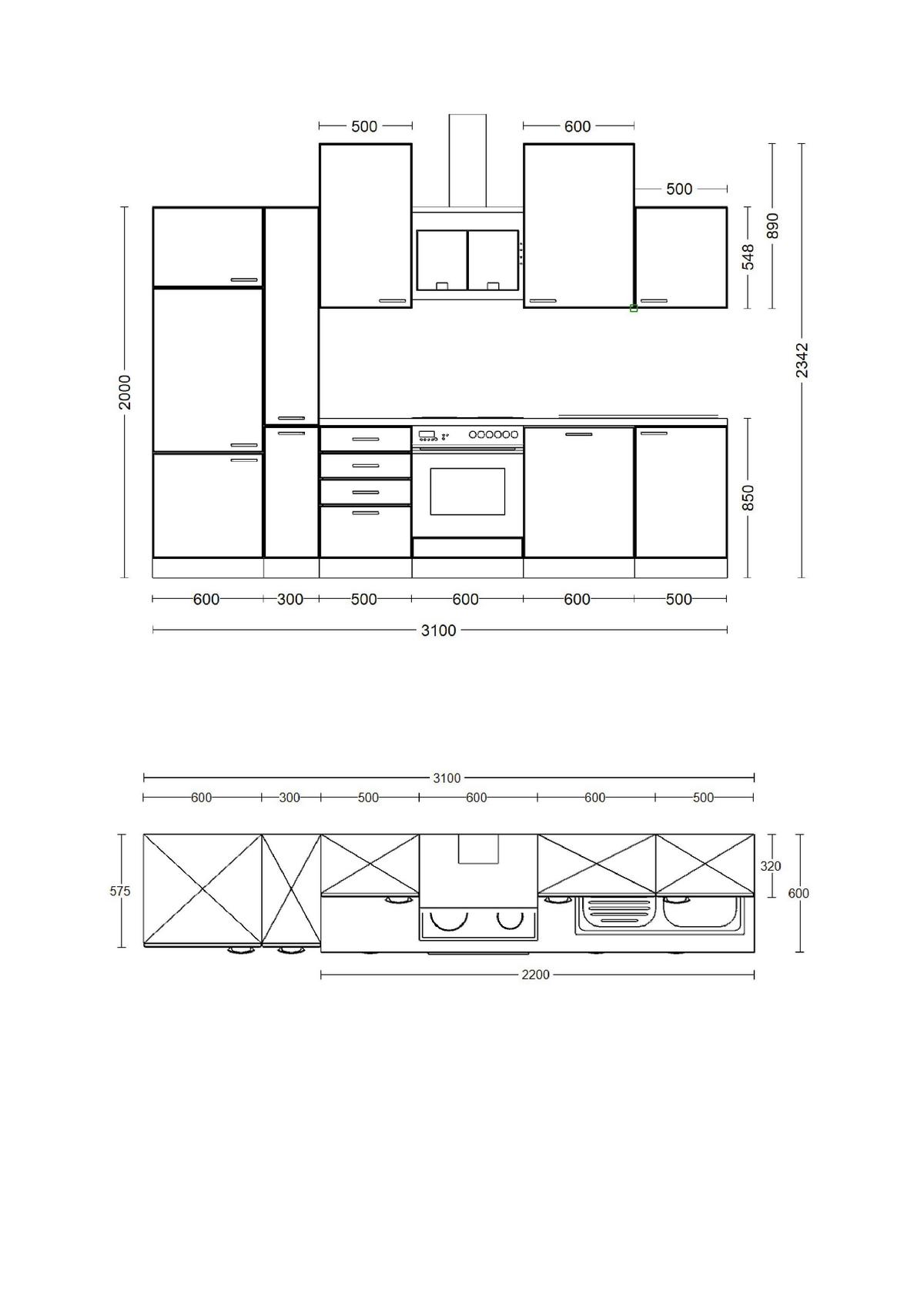 Kuchynský blok CARA bez spotrebičov, šírka 310 cm - čierna/zelená, Konventionell, kov/kompozitné drevo (310/234/60cm)