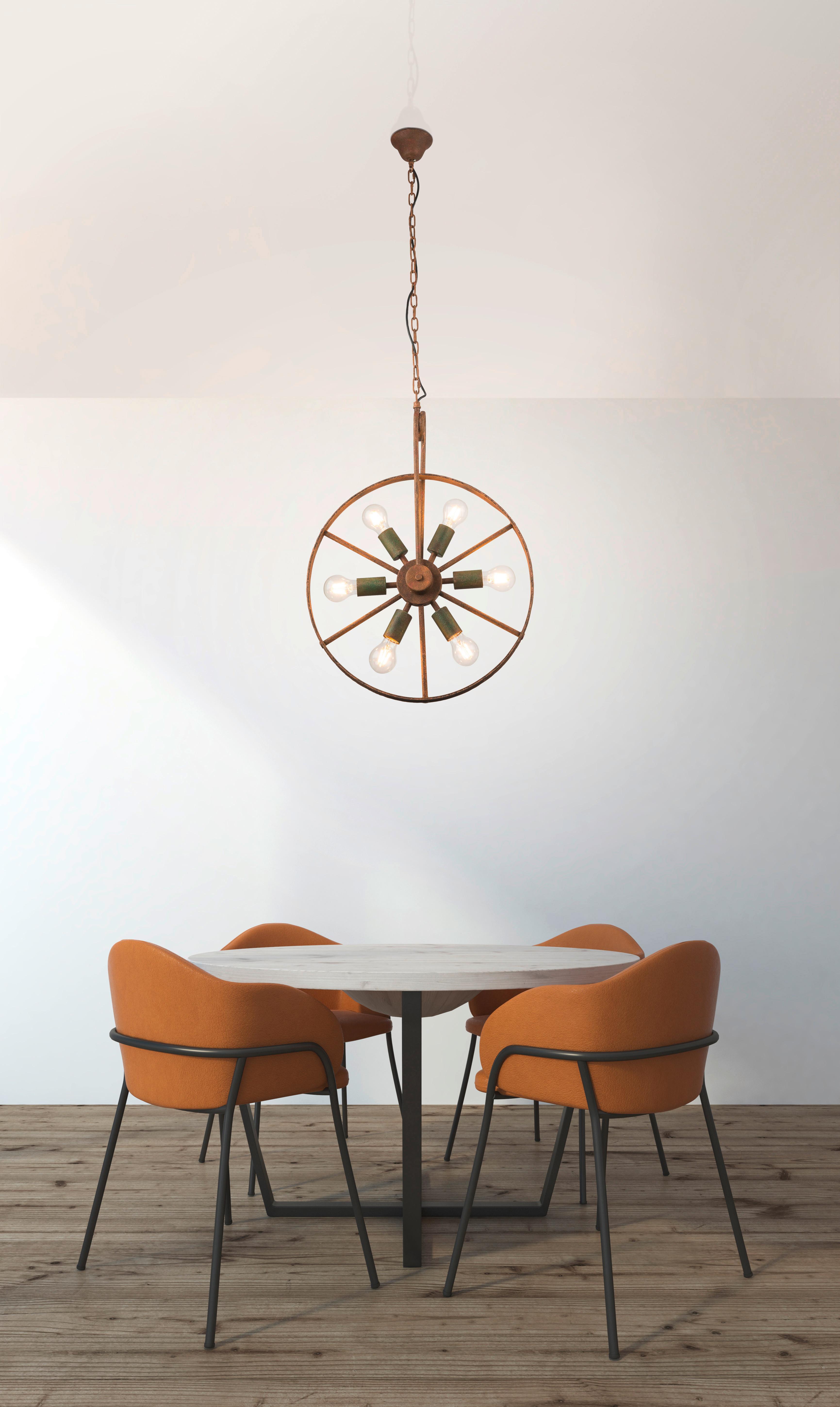 Hängeleuchte Maja H: 133 cm 6-Flammig Im Wagenrad-Design - Rostfarben/Grün, ROMANTIK / LANDHAUS, Metall (50/133cm) - Globo