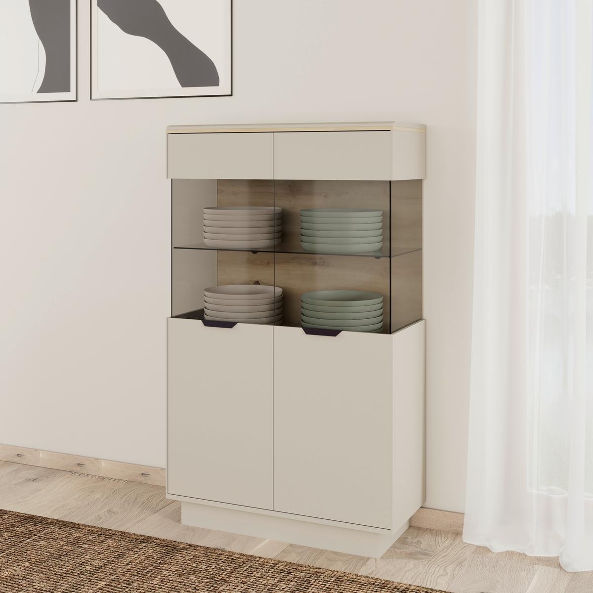 Highboard Darius Eiche Artisan/Kashmir,B:88,5cm - Kaschmir/Schwarz, Trend, Glas/Holzwerkstoff (88,5/148,3/37cm)